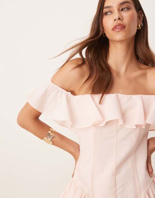 ASOS DESIGN cotton bardot seam detail mini dress in pink, 2 of 4