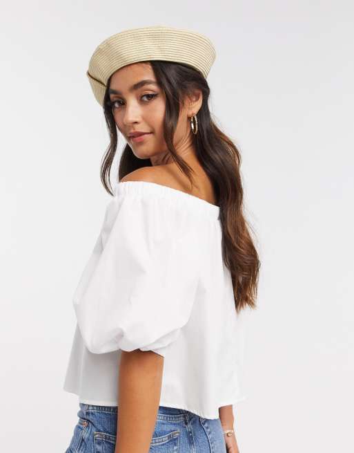 ASOS DESIGN cotton bardot sun top with volume sleeves in white | ASOS