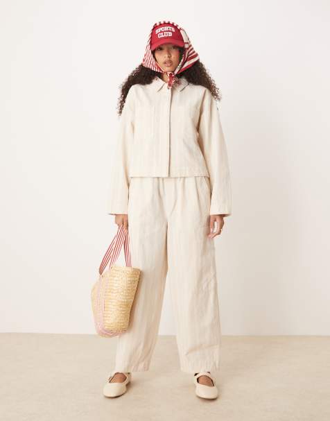 ASOS DESIGN cotton barrel leg trousers and jacket with pocket detail co-ord in ecru stripe - view 1