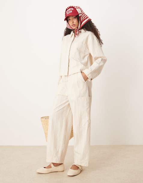 ASOS DESIGN cotton barrel leg trousers with utility pockets co-ord in ecru stripe - view 1