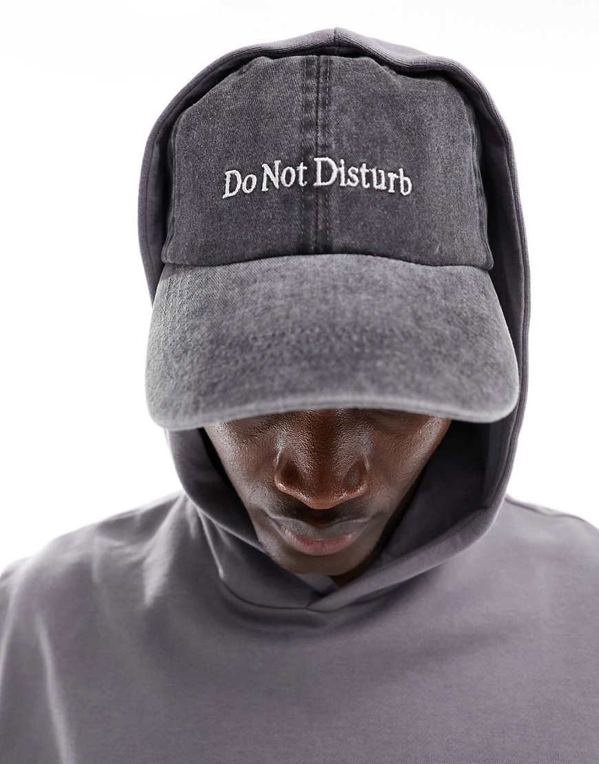 ASOS DESIGN cotton baseball cap with do not disturb embroidery in washed black