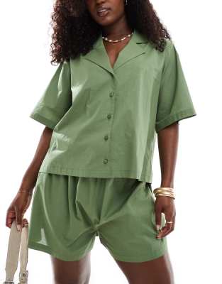 Asos Design Cotton Beach Shirt In Olive - Part Of A Set-green
