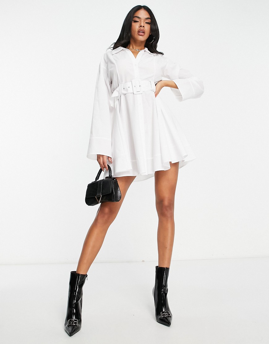 ASOS DESIGN cotton belted skater mini shirt dress in white