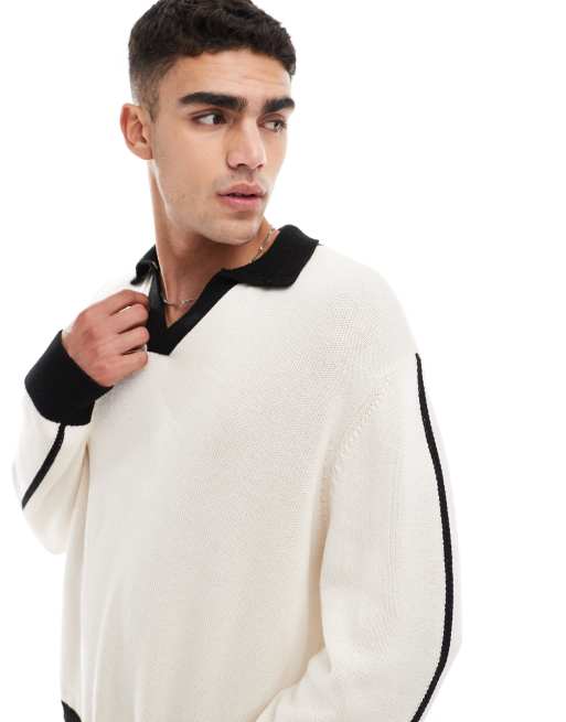 ASOS DESIGN cotton bend knit sweater with contrast collar and cuffs in black and stone, 3 of 4