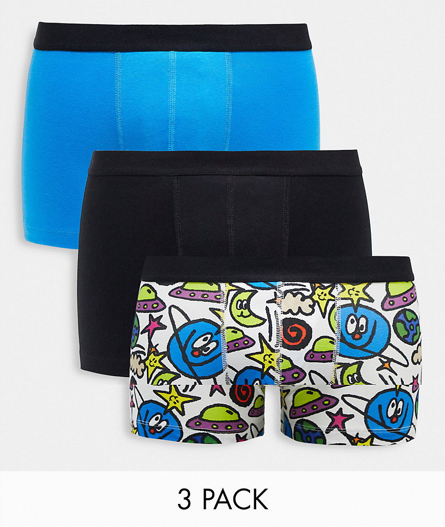 ASOS DESIGN cotton blend 3 pack boxer briefs with cartoon space print in blue-Black