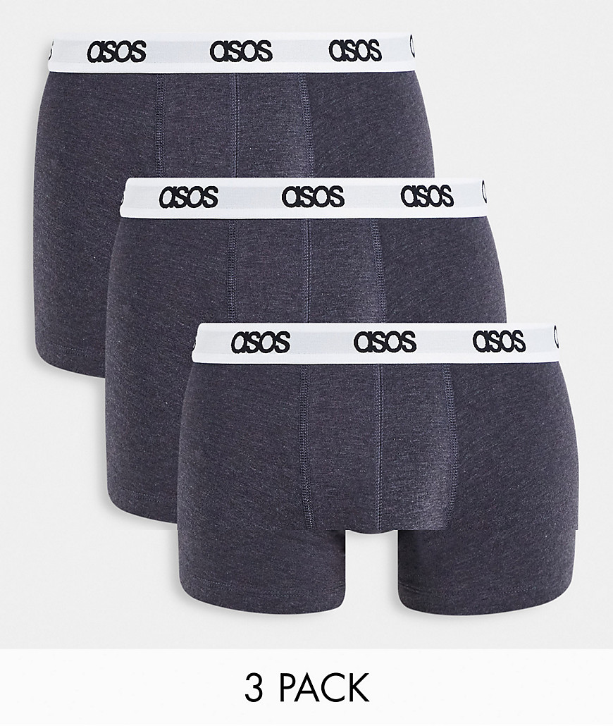 ASOS DESIGN cotton blend 3 pack trunks in dark gray heather with branded waistband - GRAY