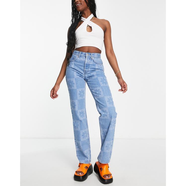 ASOS DESIGN cotton blend '90s' straight leg jean in laser floral check -  MBLUE