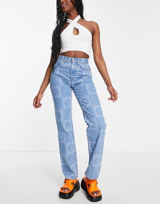 ASOS DESIGN cotton blend '90s' straight leg jean in laser floral check -  MBLUE