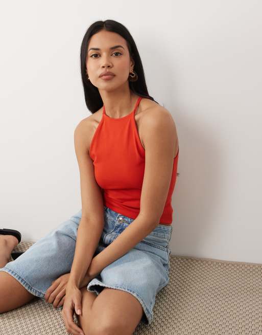 ASOS DESIGN cotton blend 90's strappy racer neck tank top in red | ASOS