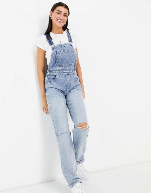 ASOS DESIGN cotton blend denim '90's' straight leg dungarees in midwash ...