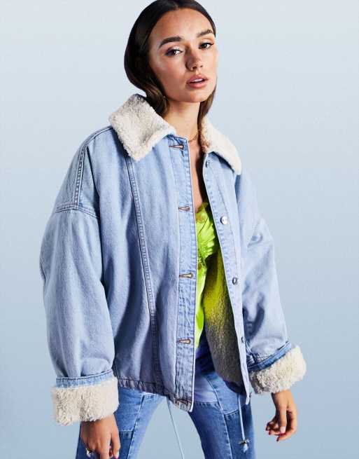 ASOS DESIGN cotton blend denim jacket with borg lining in lightwash - LBLUE