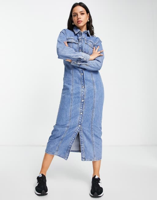 Urban Revivo denim overall midi dress in mid blue