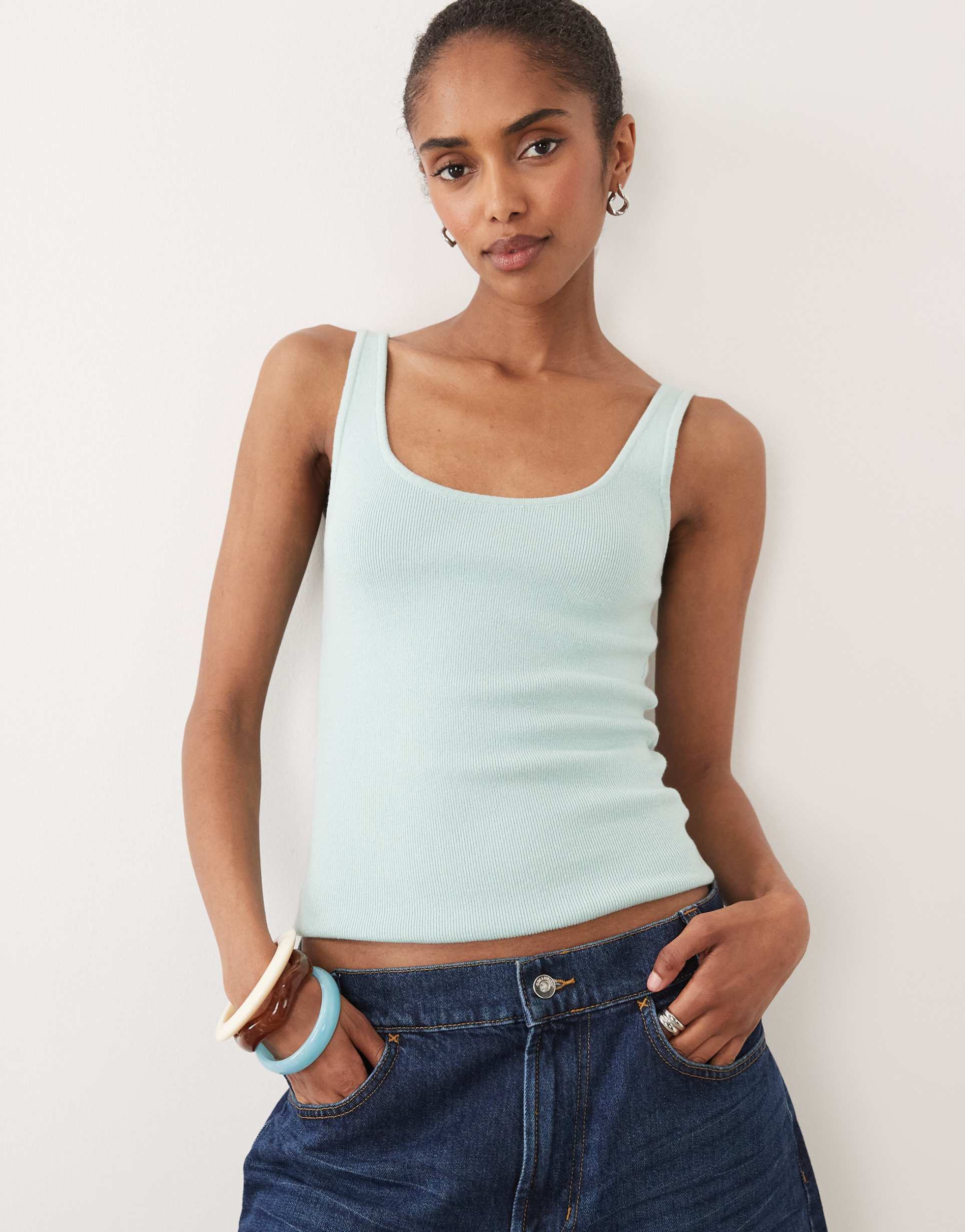 asos design cotton blend knit scoop neck cami in light blue