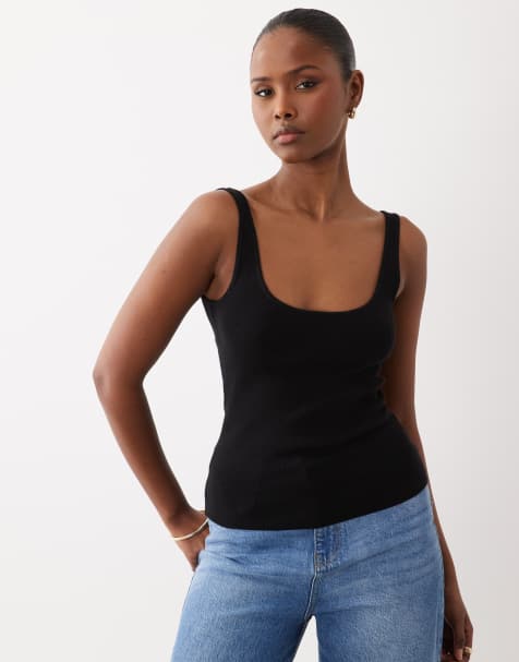 ASOS DESIGN cotton blend knit scoop neck cami top in black - view 1