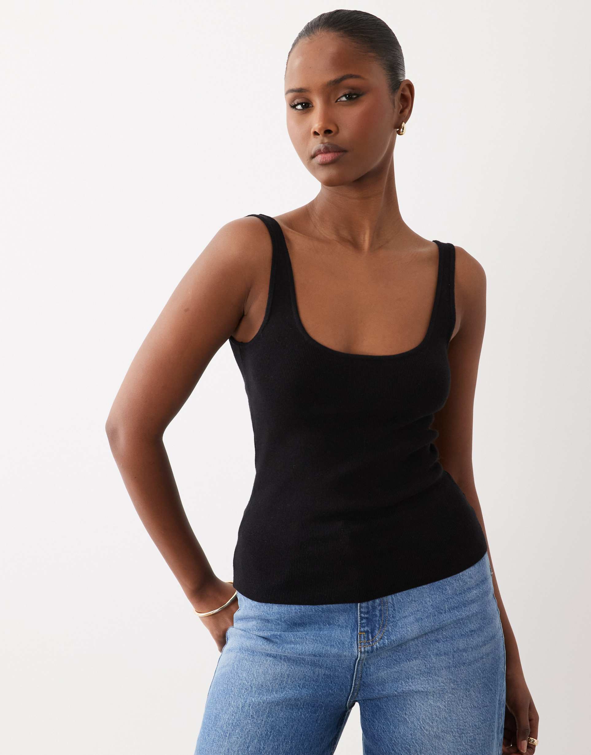 asos design cotton blend knit scoop neck cami top in black