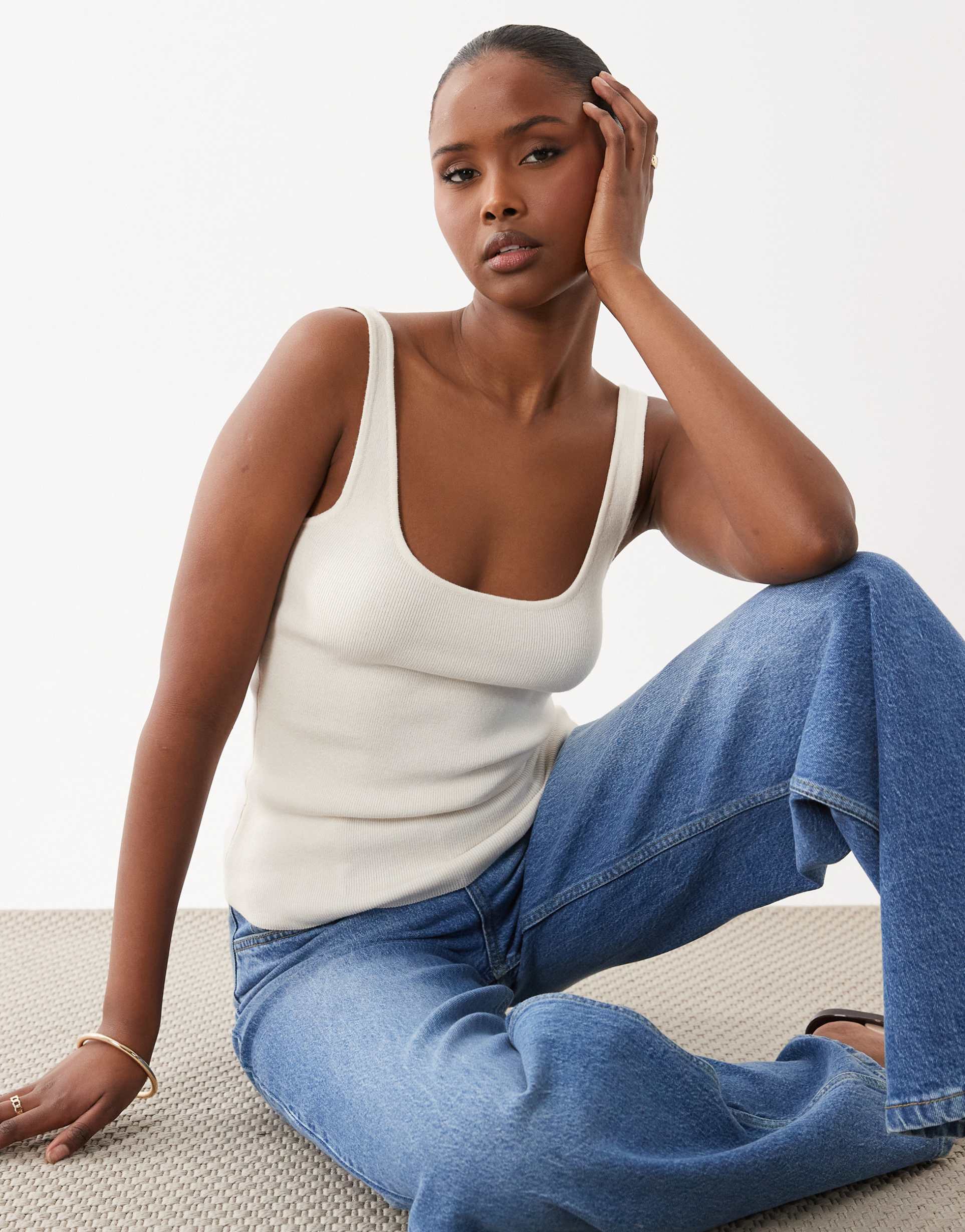 asos design cotton blend knit scoop neck cami top in cream