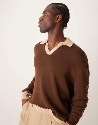 ASOS DESIGN ASOS DESIGN cotton blend knitted jumper with contrast collar and cuff in beige and brown