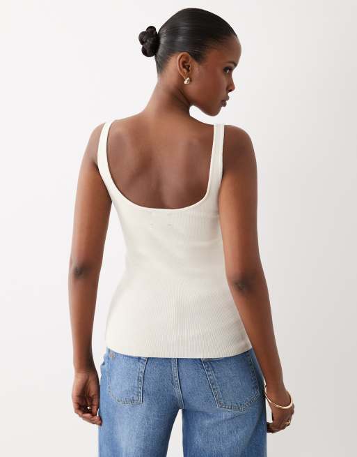 ASOS DESIGN cotton blend knitted scoop neck cami in cream, 4 of 4