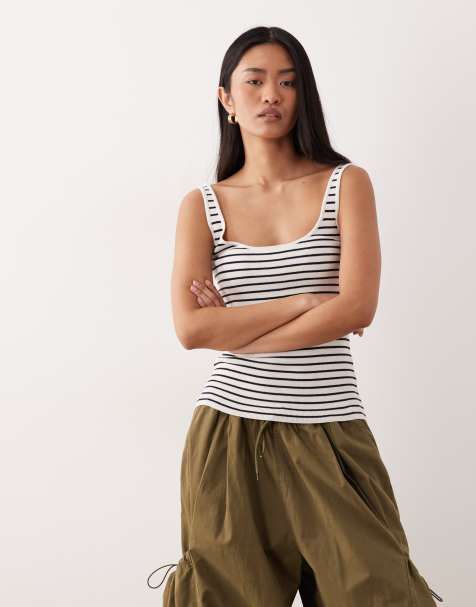 ASOS DESIGN cotton blend knitted scoop neck cami in navy stripe - view 1