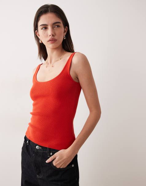 ASOS DESIGN cotton blend knitted scoop neck cami in red - view 1