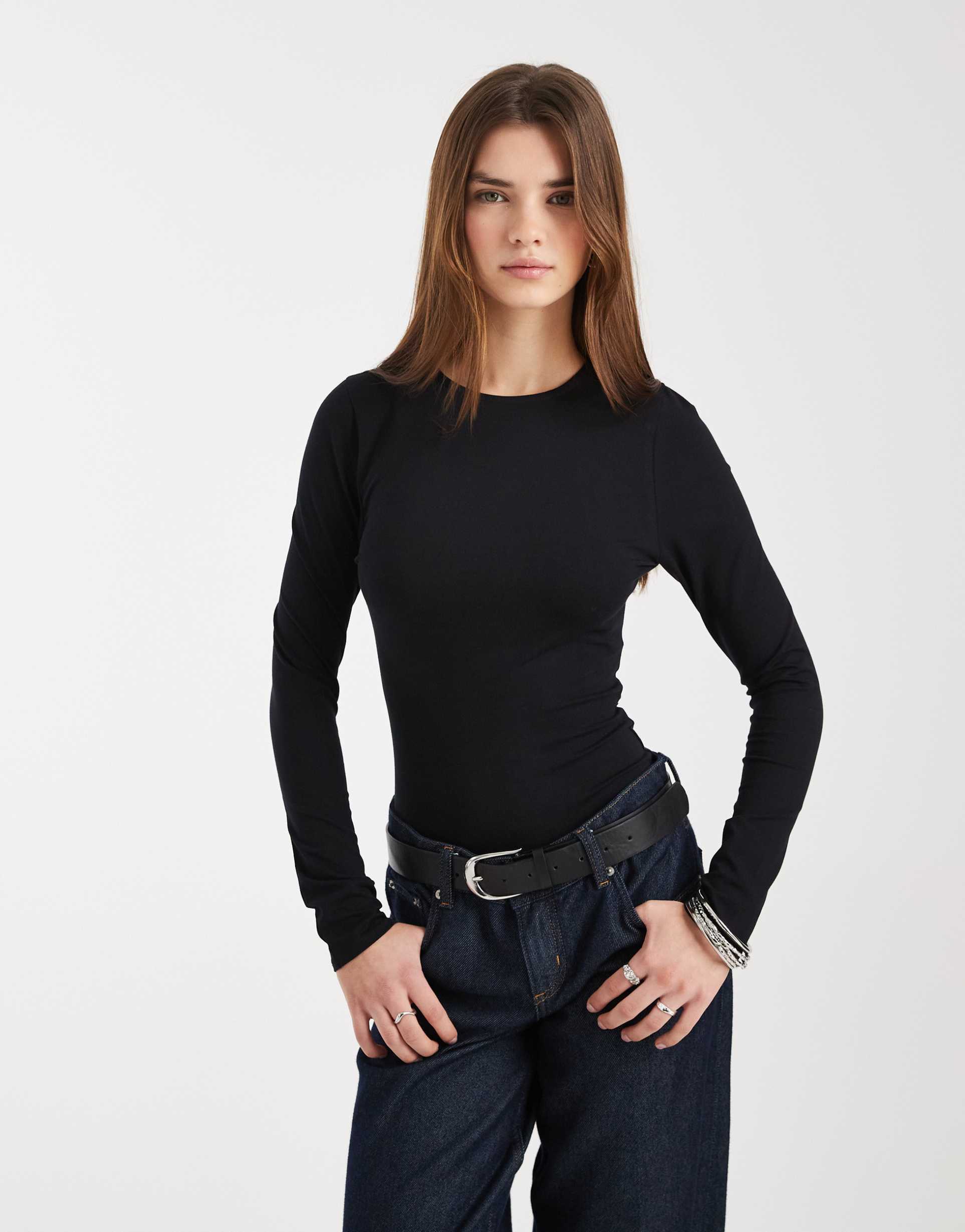 asos design cotton blend long sleeve bodysuit in black