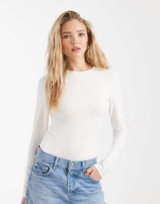 Asos Design Cotton Blend Long Sleeve Bodysuit In White