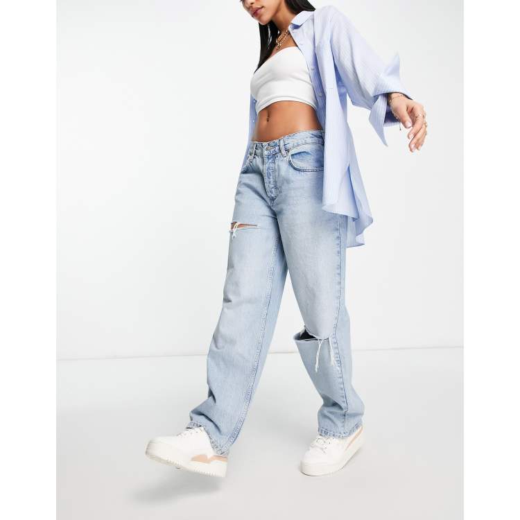 ASOS DESIGN cotton blend low rise 'baggy' boyfriend jean in lightwash with  rips - LBLUE