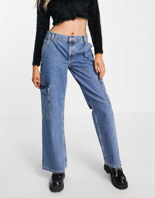 ASOS DESIGN cotton blend low rise 'cargo' jean in mid wash blue - LBLUE