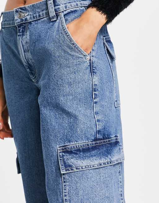 ASOS DESIGN baggy cargo jeans in mid wash blue