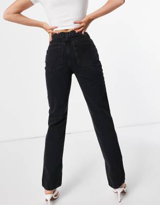 ASOS DESIGN cotton blend mid rise '90s' straight leg jeans in washed black  with split hem - BLACK