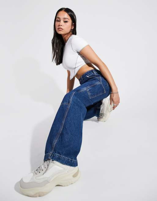 ASOS DESIGN cotton blend mid rise oversized combat 'skater' jean in darkwash