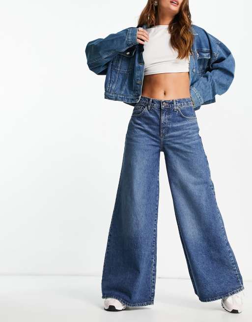 ASOS DESIGN cotton blend mid rise 'roomy' skater jean in darkwash - MBLUE