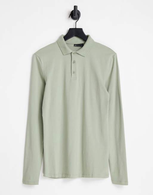 ASOS DESIGN cotton blend muscle fit long sleeve jersey polo in washed khaki - MGREEN