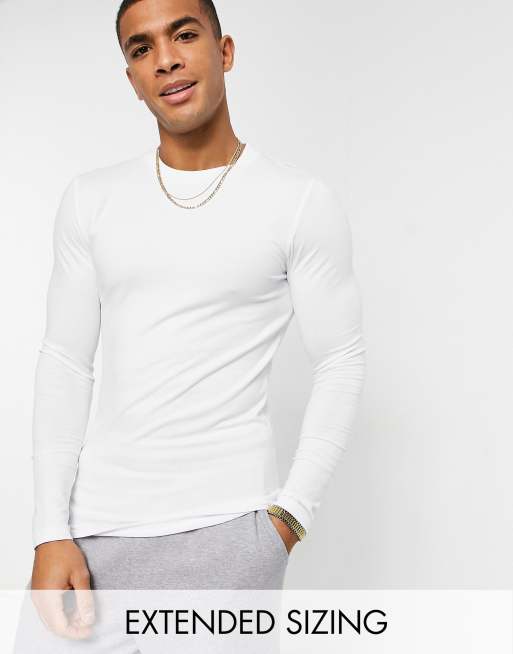 tyktflydende lineal ar ASOS DESIGN cotton blend muscle fit long sleeve t-shirt with crew neck in  white - WHITE | ASOS