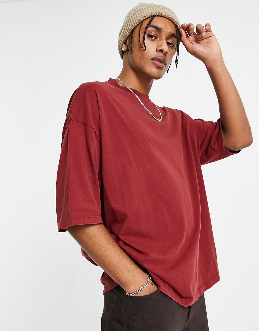 ASOS DESIGN cotton blend oversized t-shirt in red acid wash - BURGUNDY