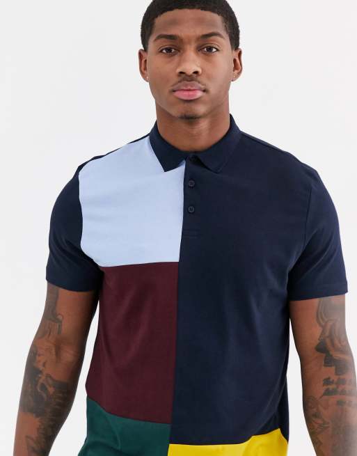 ASOS DESIGN cotton blend polo shirt with patchwork color block in navy