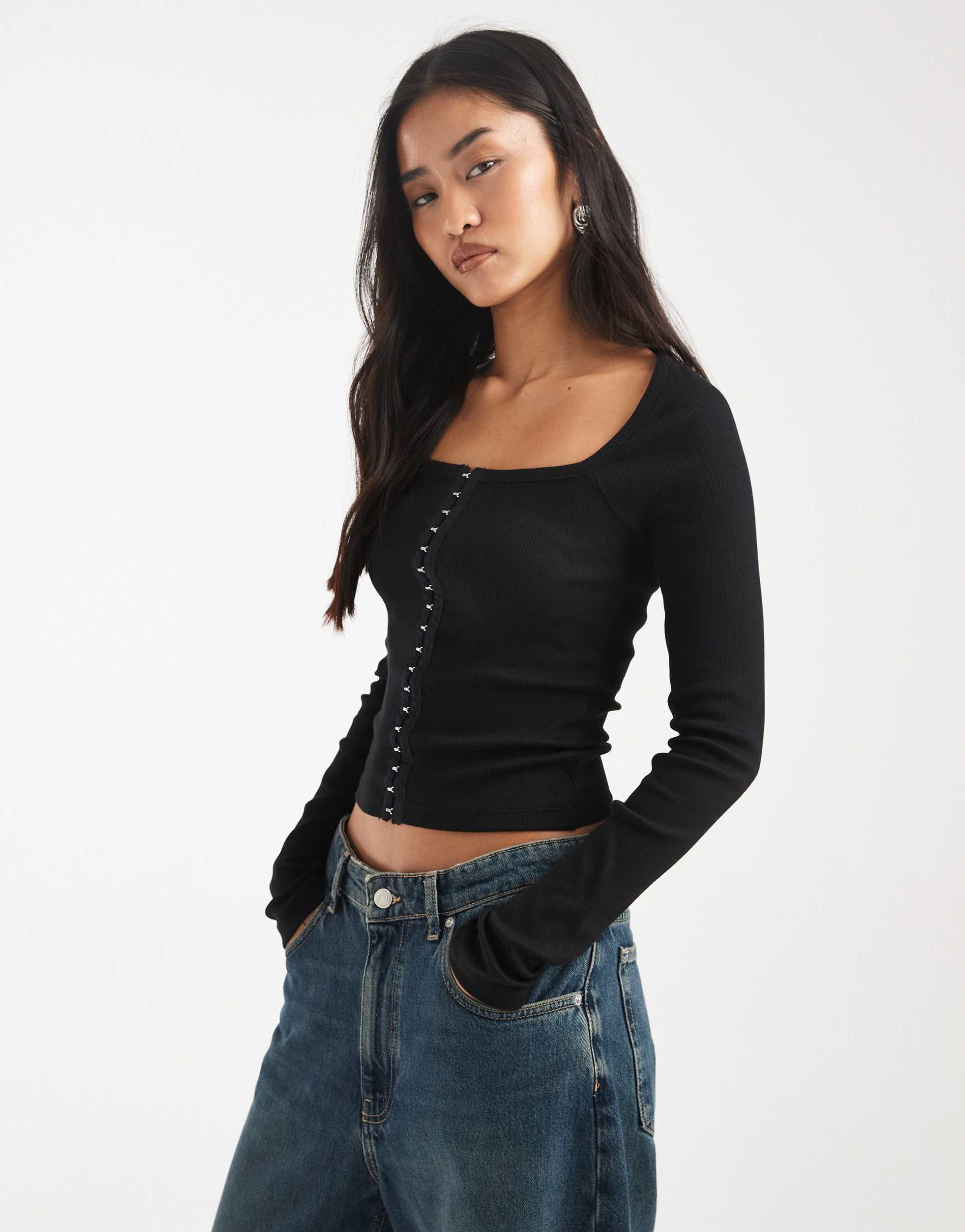 asos design cotton blend rib knit square neck long sleeve top with hook and eye front closures in black