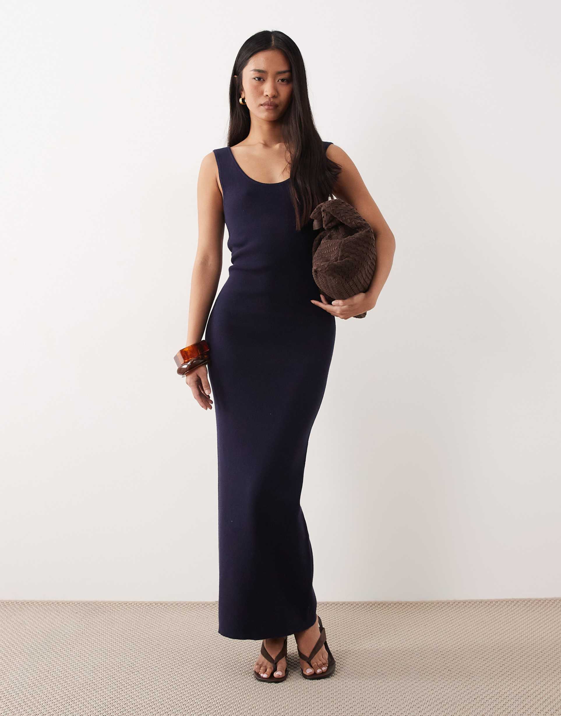asos design cotton blend scoop back dress in navy