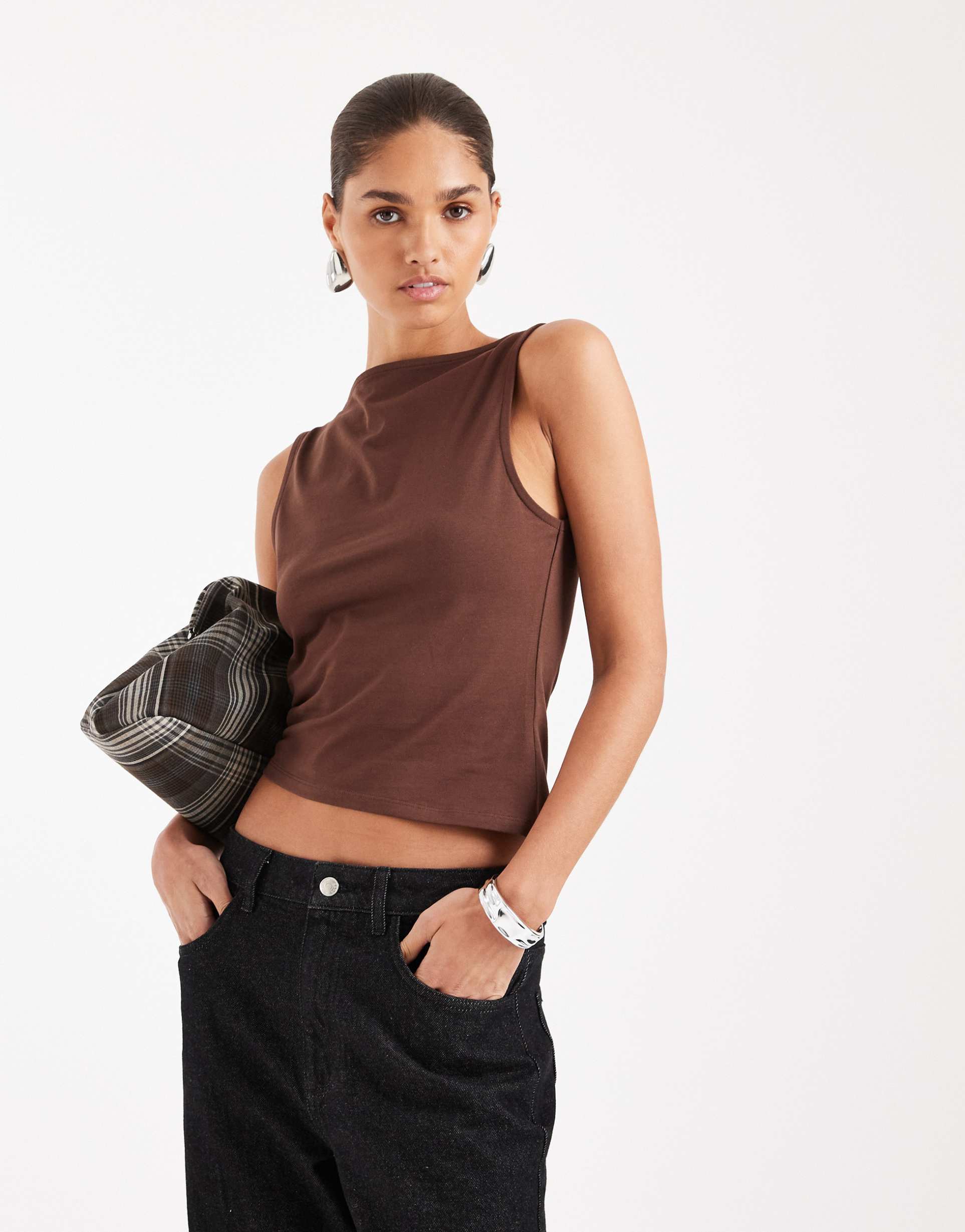asos design cotton blend sleeveless boat neck tank top with asymmetric hem in chocolate