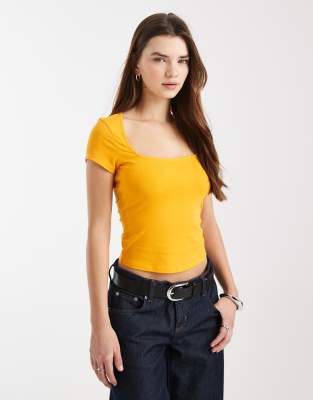 Asos Design Cotton Blend Square Neck Cap Sleeve Top In Yellow