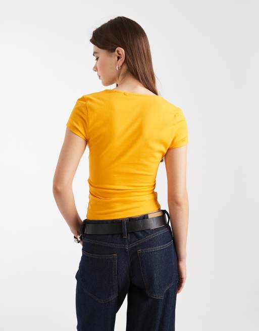 ASOS DESIGN cotton blend square neck cap sleeve top in orange, 3 of 4