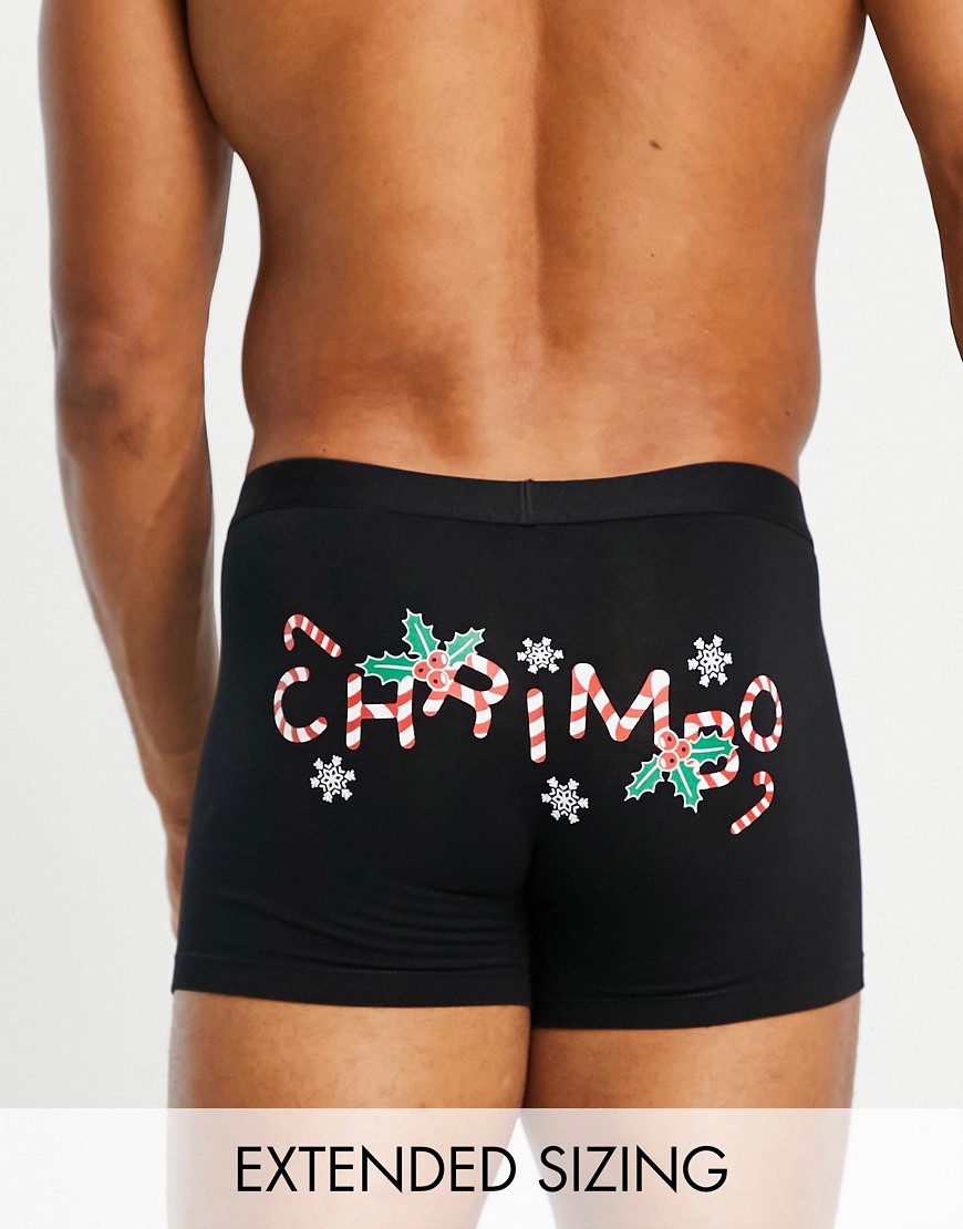 ASOS DESIGN cotton blend trunks in black with Christmas print