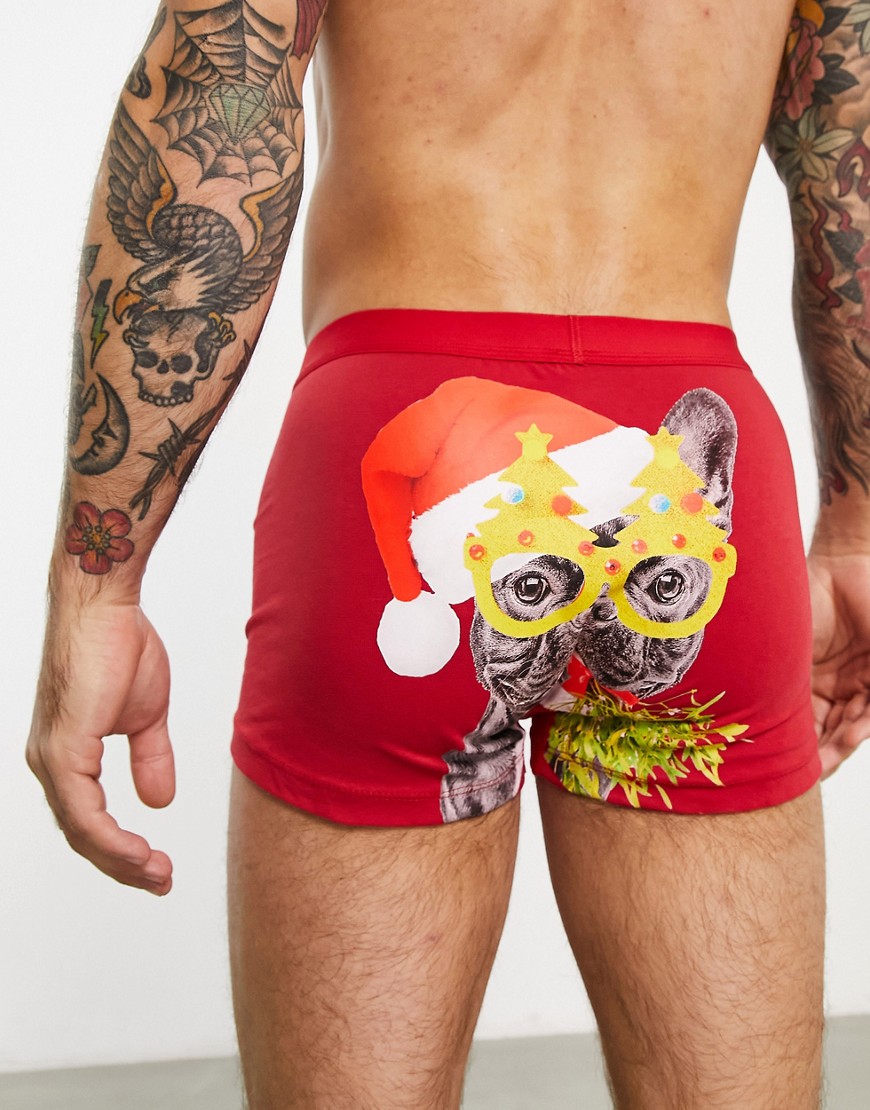 ASOS DESIGN cotton blend trunks in red with Christmas dog print