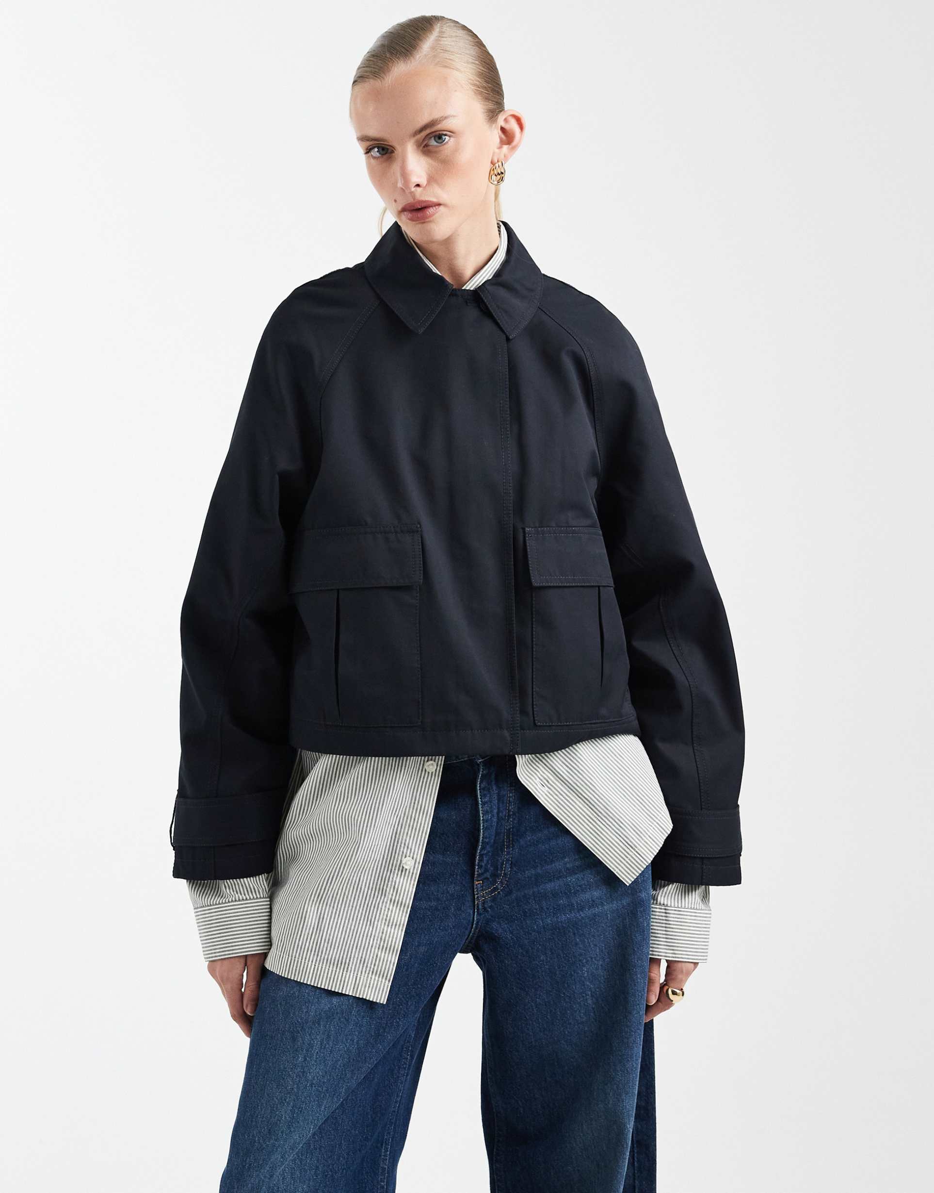 asos design cotton blend utility pocket short trench coat with water repellent finish in navy