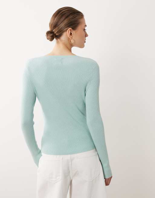 ASOS DESIGN cotton blend wide scoop cardigan in light blue, 4 of 4