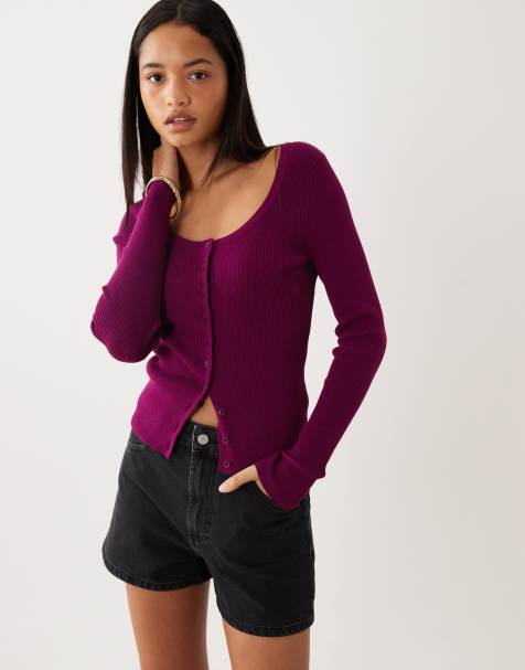 ASOS DESIGN cotton blend wide scoop cardigan in plum