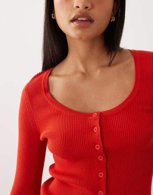 ASOS DESIGN cotton blend wide scoop cardigan in red - RED, 3 of 4
