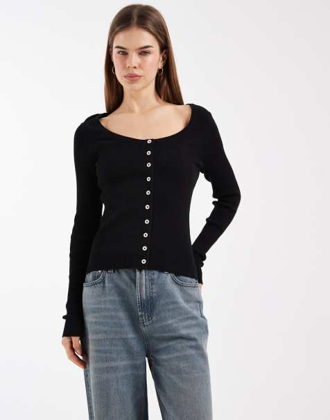 ASOS DESIGN cotton blend wide scoop cardigan with contrast buttons in black - view 1