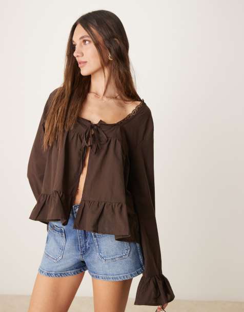 ASOS DESIGN cotton boho lace trim blouse in chocolate - view 1