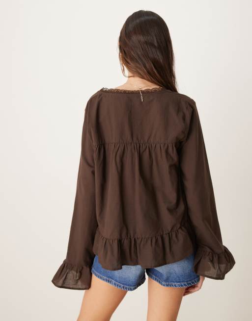 ASOS DESIGN cotton boho lace trim blouse in chocolate, 3 of 4